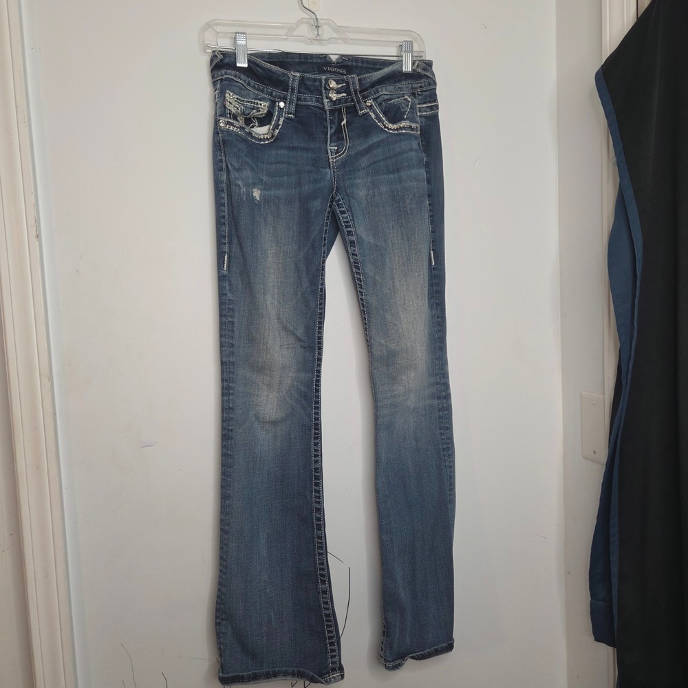 Vigoss The Chelsea Bootcut Jeans Blue Rhinestone Embellished Size 3/4 Length 33